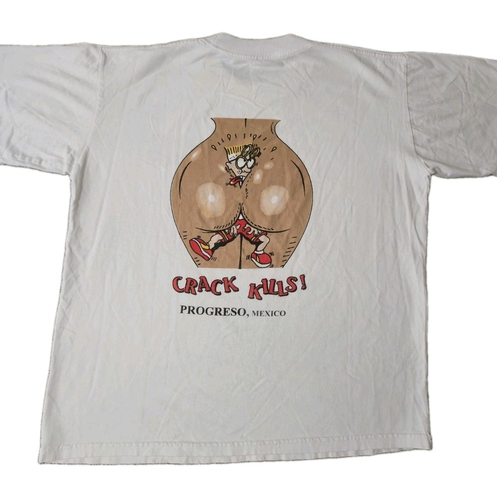 VTG 90s Crack Kills Funny T Shirt Progreso Mexico T Shirt Size L White Geek